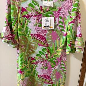 Pappagallo Pink and Green Leaf Print Top